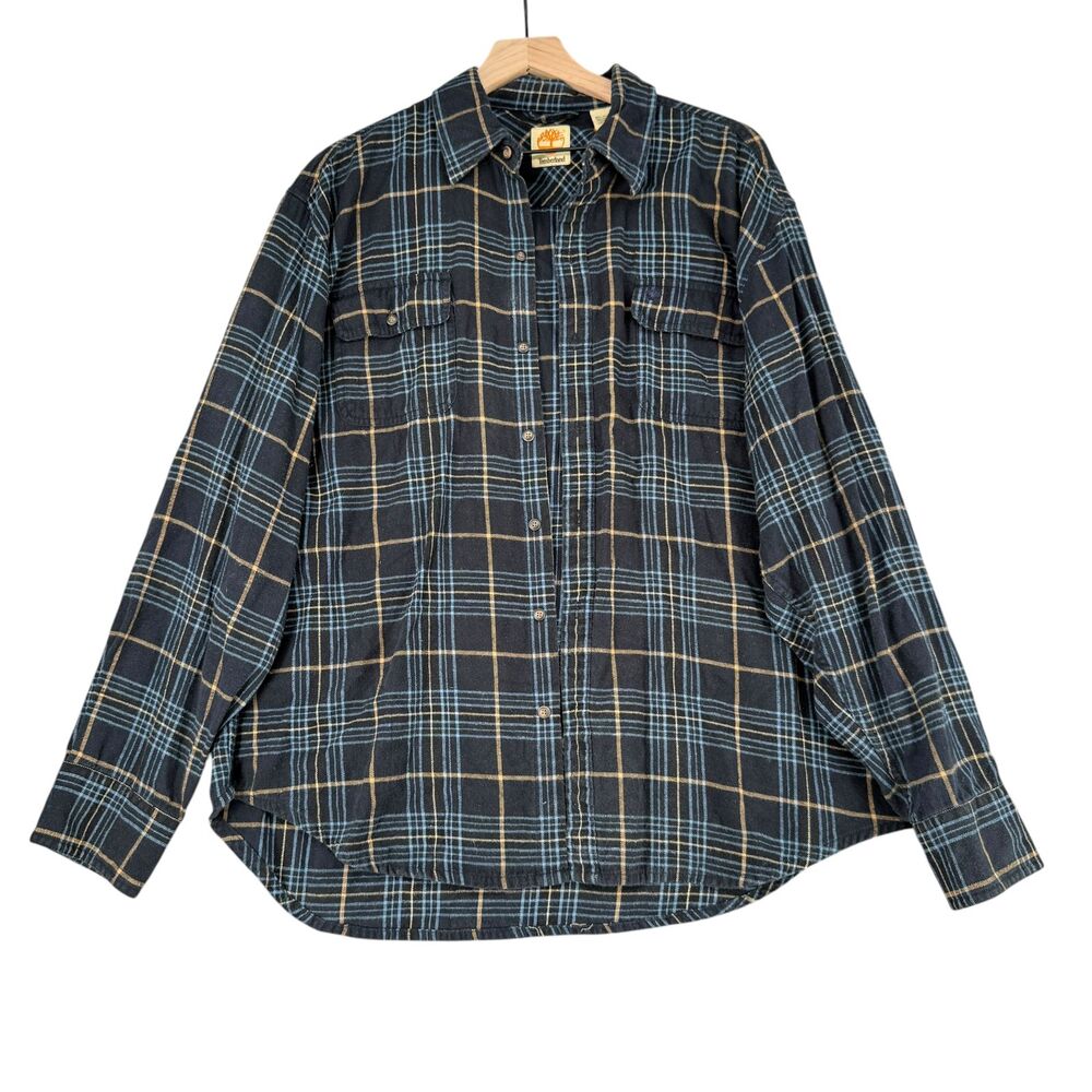 Timberland Button Shirt Men XL Navy Blue Yellow Plaid Cotton Flannel Long Sleeve - Picture 2 of 10